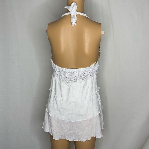 NAF NAF Halter Tiered Top Floral Crochet Sequins Layered Ruffle White Gold Tank - Picture 4 of 5